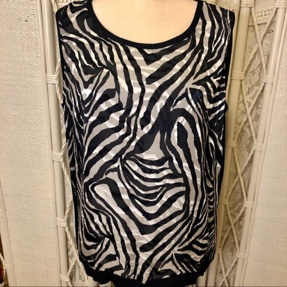 Jones NY Blouse Navy White Animal Zebra Print Scoop Neck SleevelessTop size 1X - Picture 2 of 12